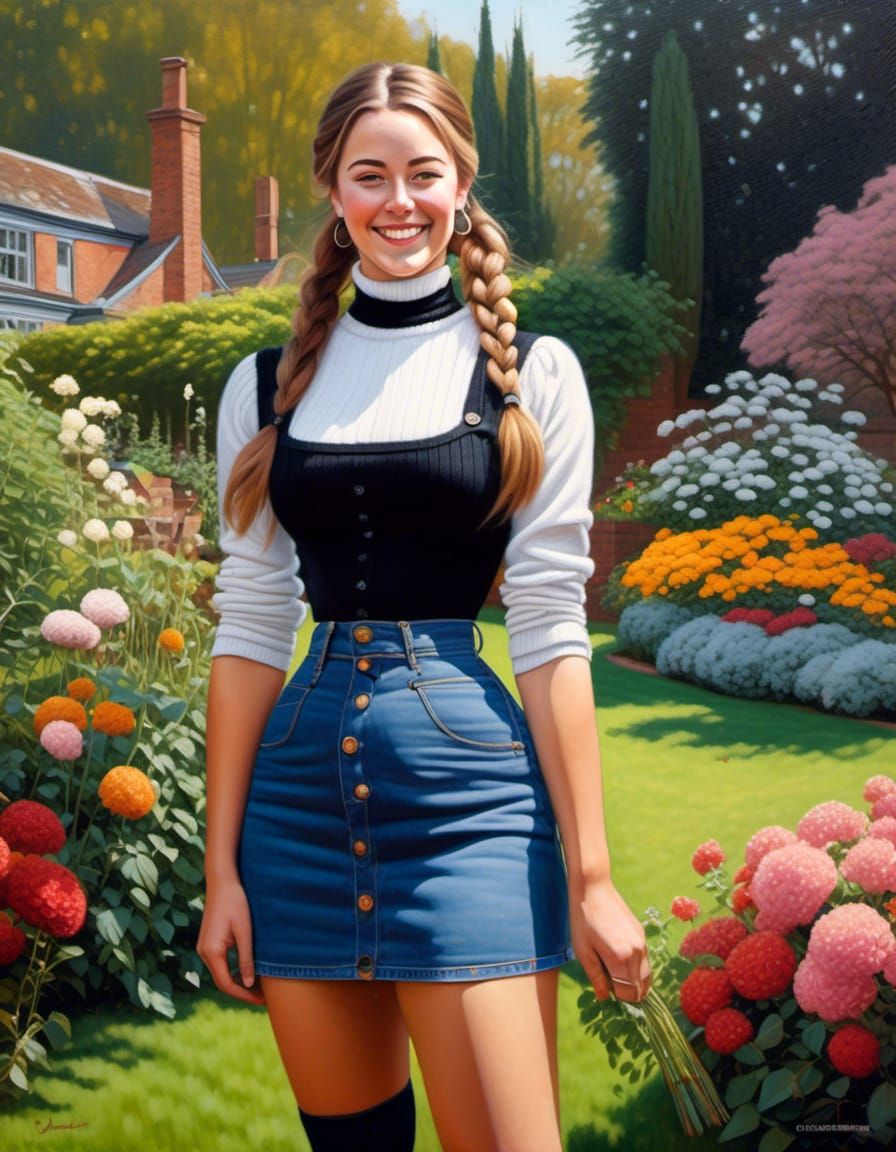 Elegant Woman in Garden, Oil-Guache Style