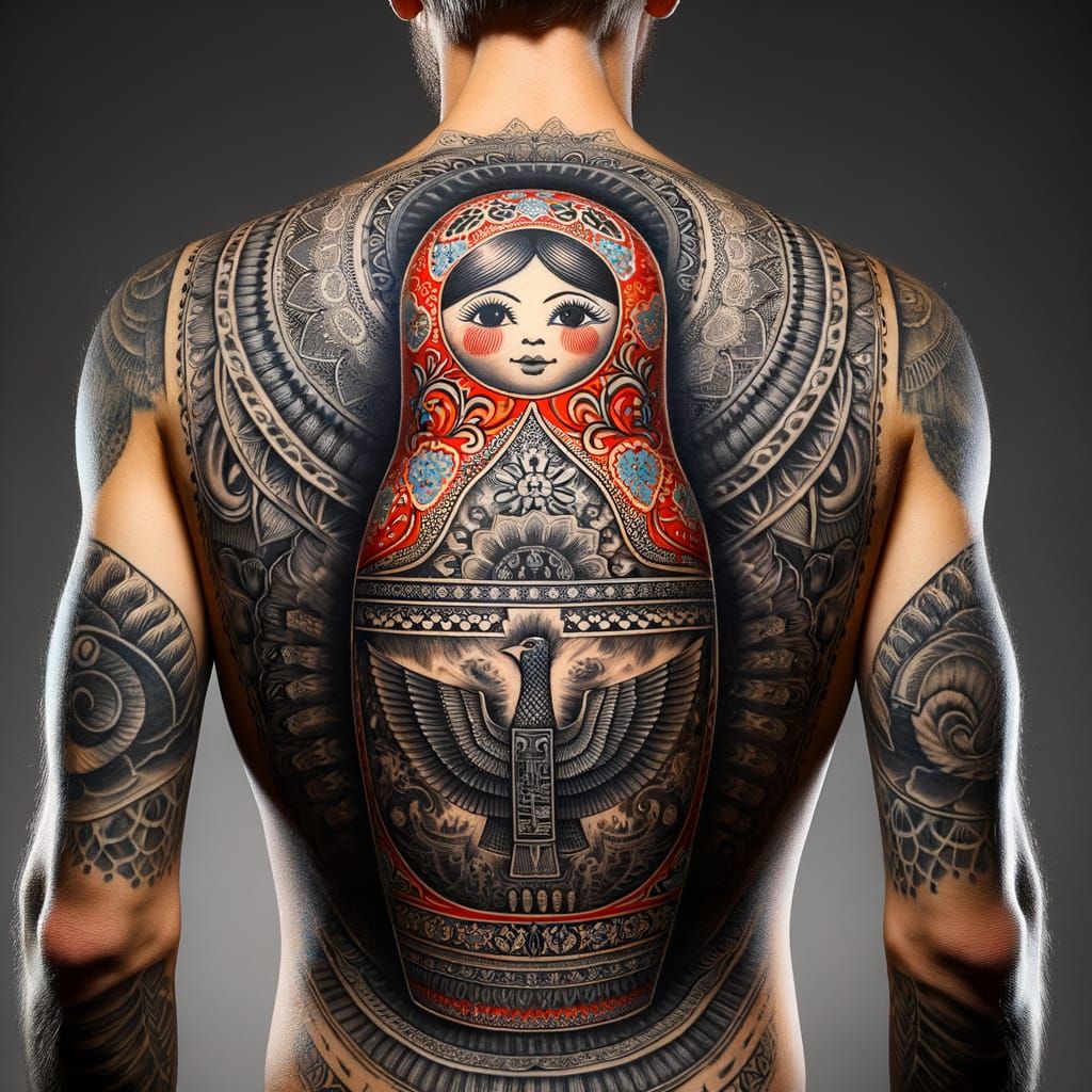 Man's Back Tattoo Blends Matryoshka and Egyptian Pharaoh Sar...