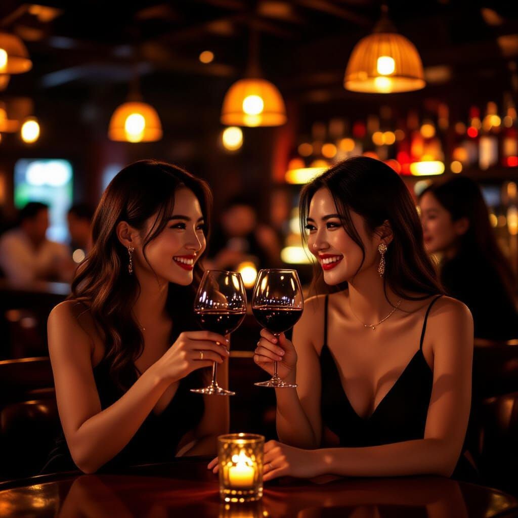 Vietnamese Women Enjoying Wine in Atmospheric Bar