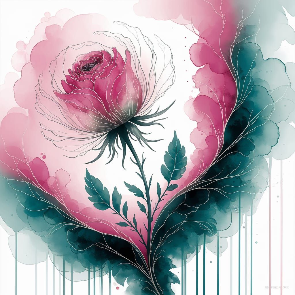 abstract alcohol ink painting, with a single blooming rose d...