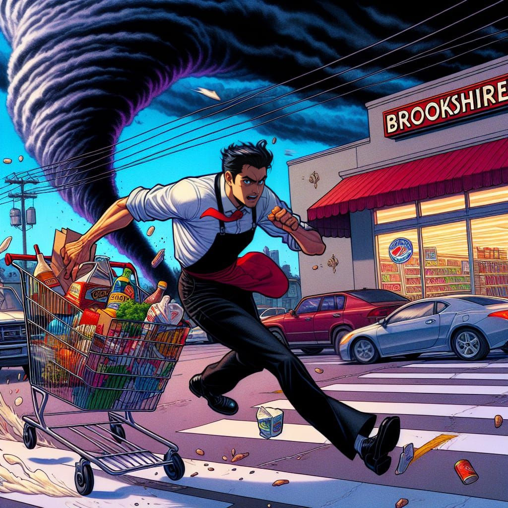 Hispanic Clerk Chasing Runaway Cart in Manga Style