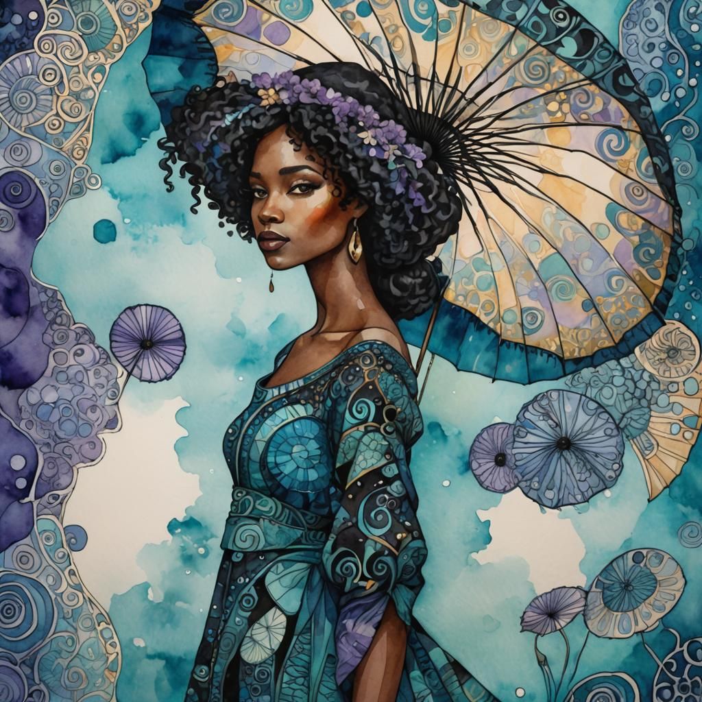 Elegant Woman with Parasol in Klimt Art Nouveau Style