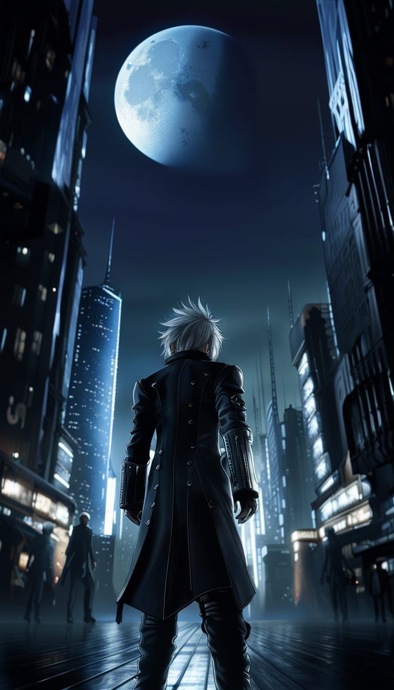 versus xiii, master of masters, standing on streets of Insomnia, backwards body view, tokyo biulding ffxv, skyscrapers f...
