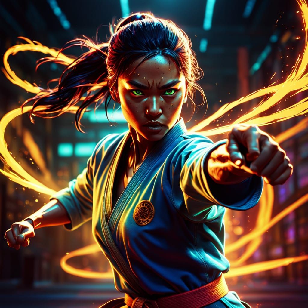 Fierce Karate Woman in Neon Concept Art