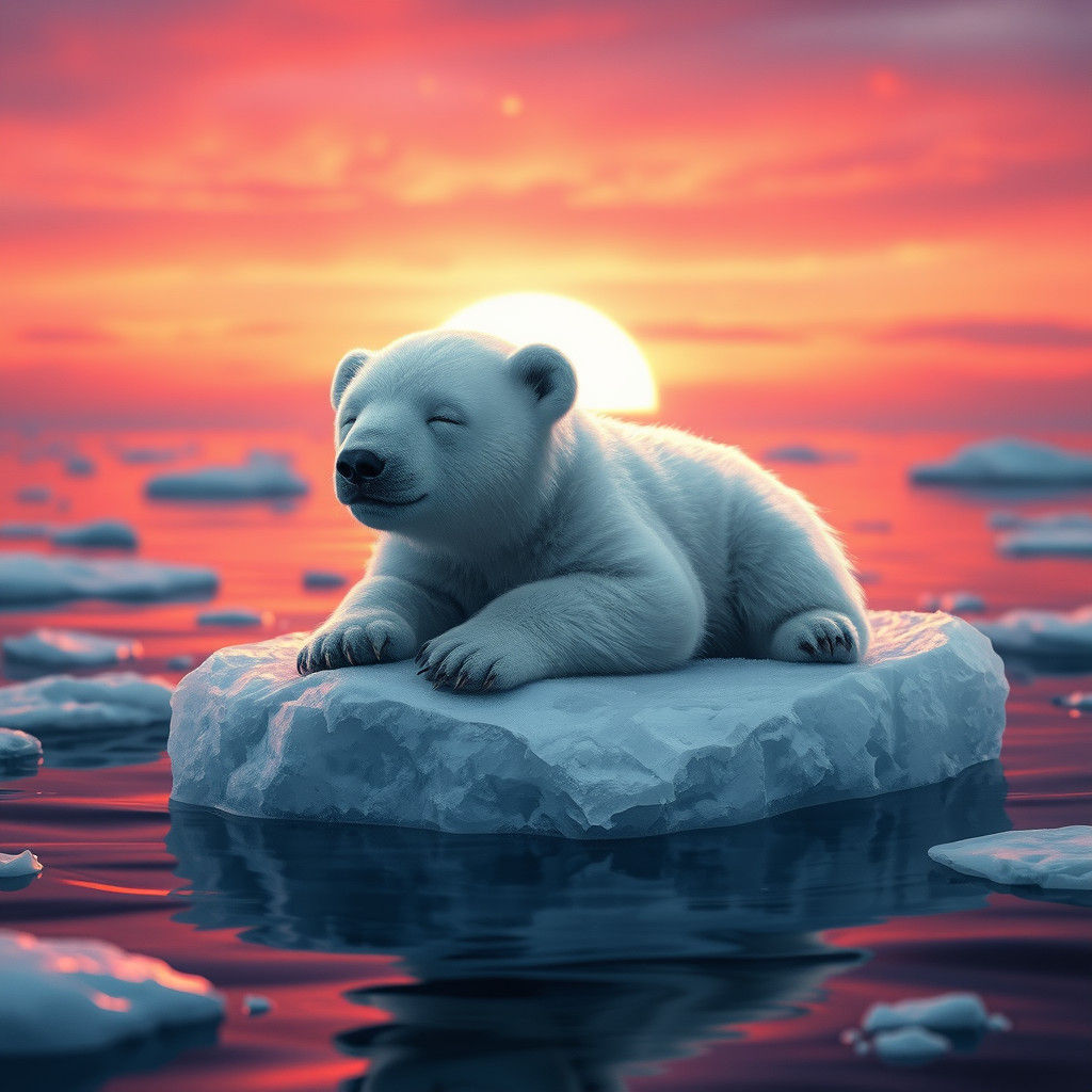 Baby Polar Bear Floats on Ice at Sunset