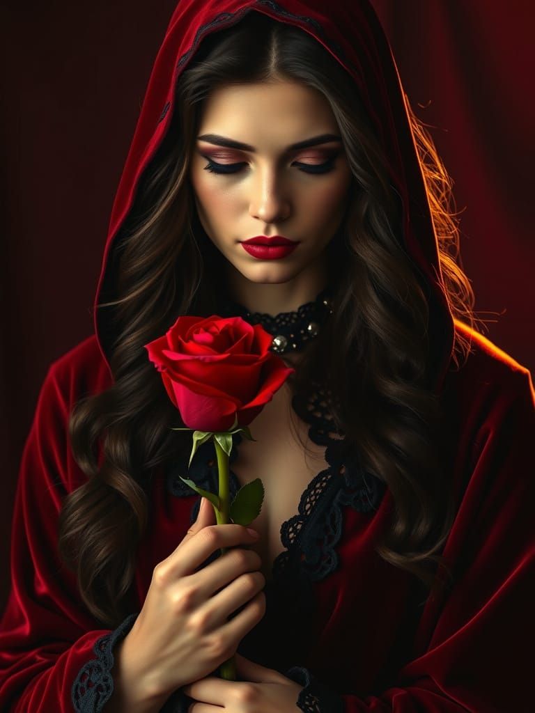 Ethereal Pre-Raphaelite Muse in Crimson Velvet Robe