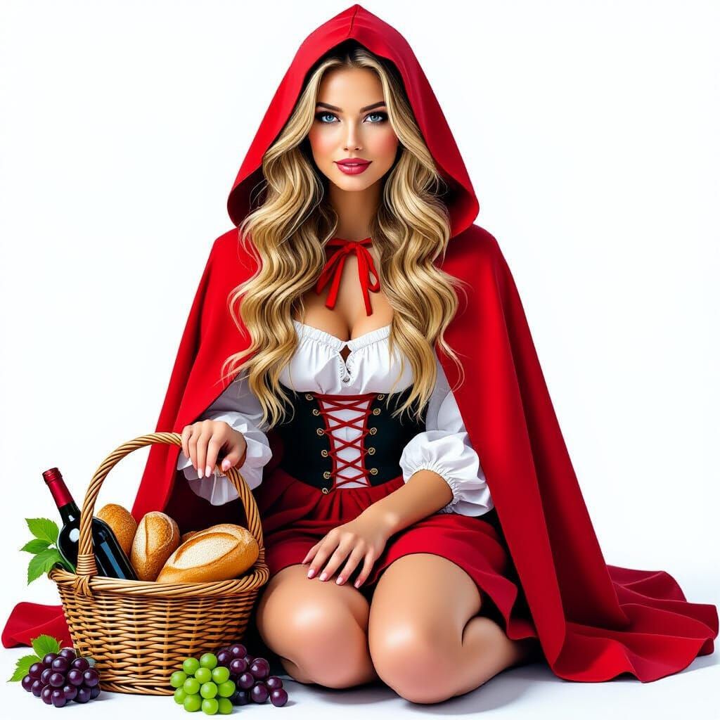 Woman in Red Riding Hood Costume with Picnic Basket