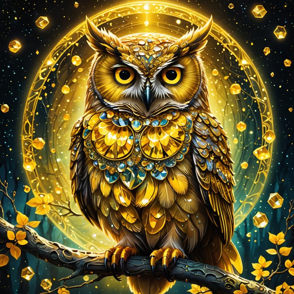 Magical Yellow Owl with Gemstones in Cosmic Aurora