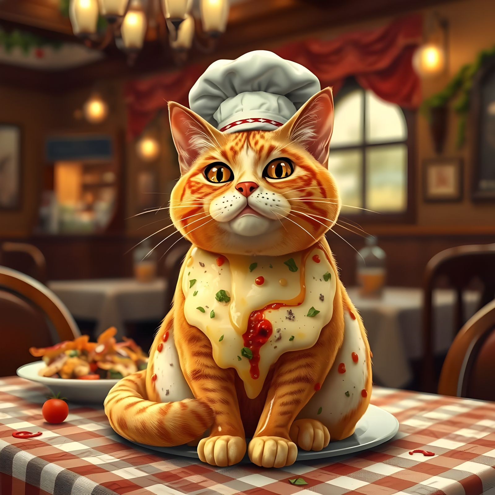 Pizza Cat Chef in Restaurant, Digital Art