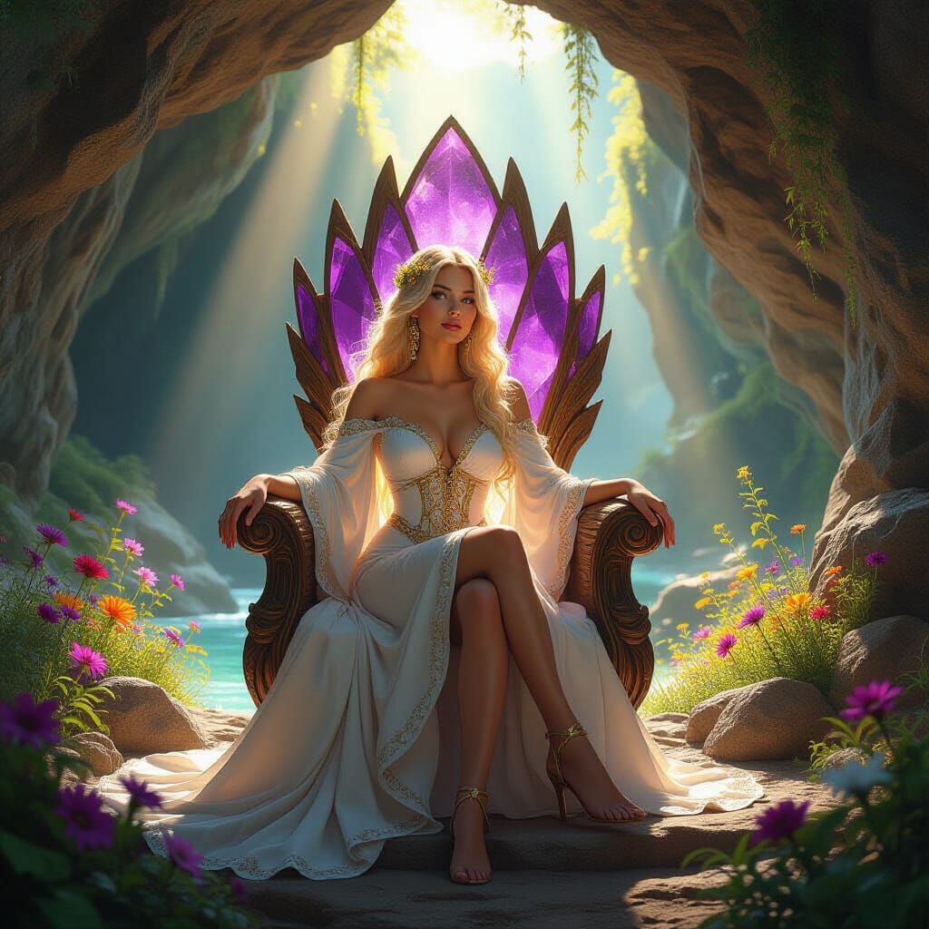 Majestic Woman on Amethyst Throne with Golden Leaf Hair
