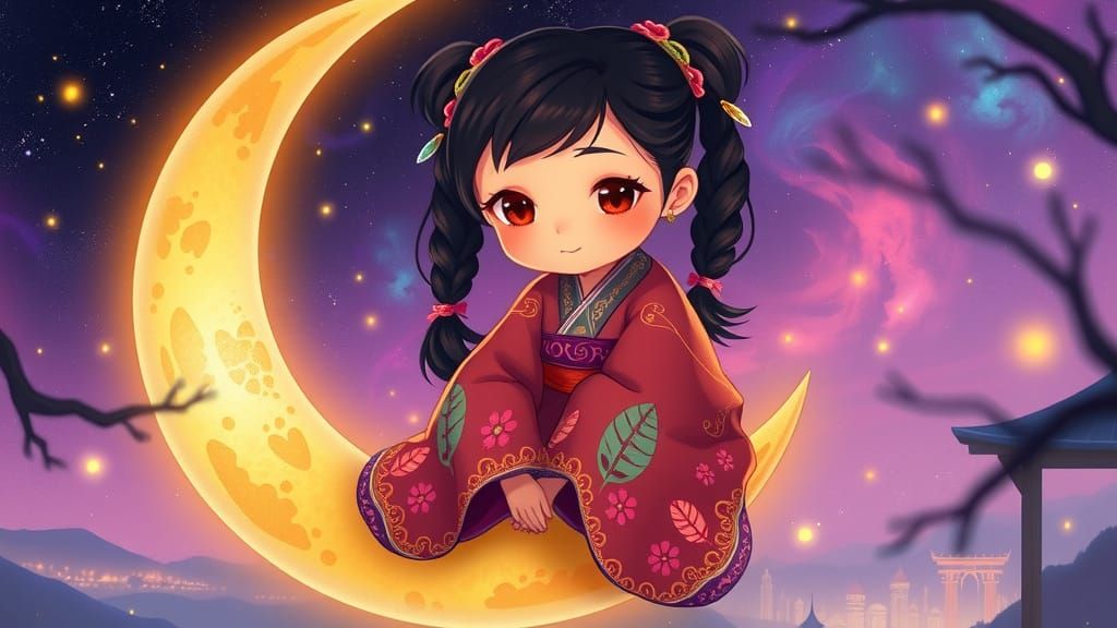 Gentle Asian Girl on Crescent Moon, Adorned with Braided Pig...