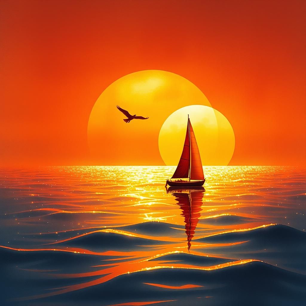 Orange Sailboat Sunset: Digital Watercolor Illustration