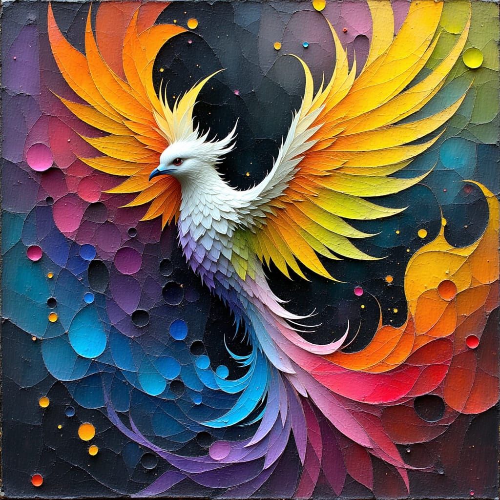 Phoenix Caught in a Rainbow Storm, in Dreamlike Charcoal Dra...