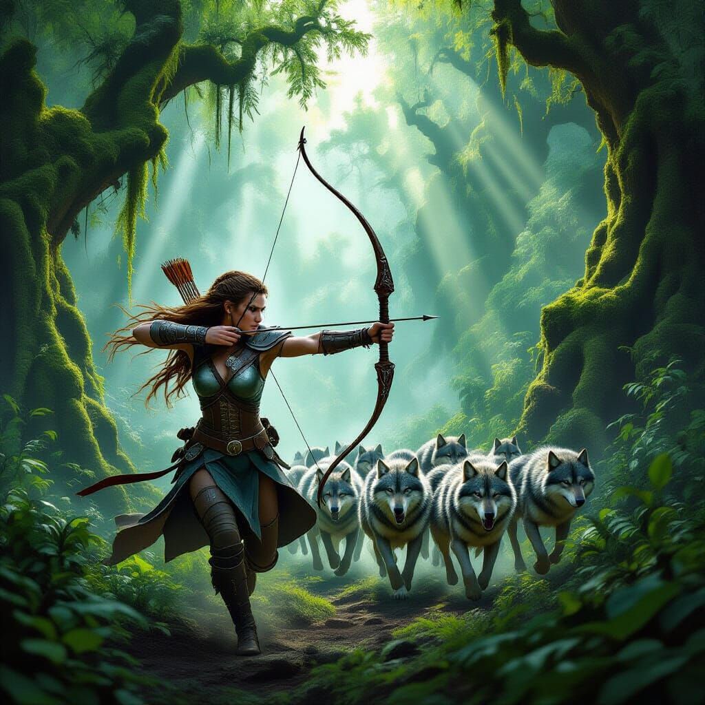 Woman Archer with Wolves in Misty Rainforest