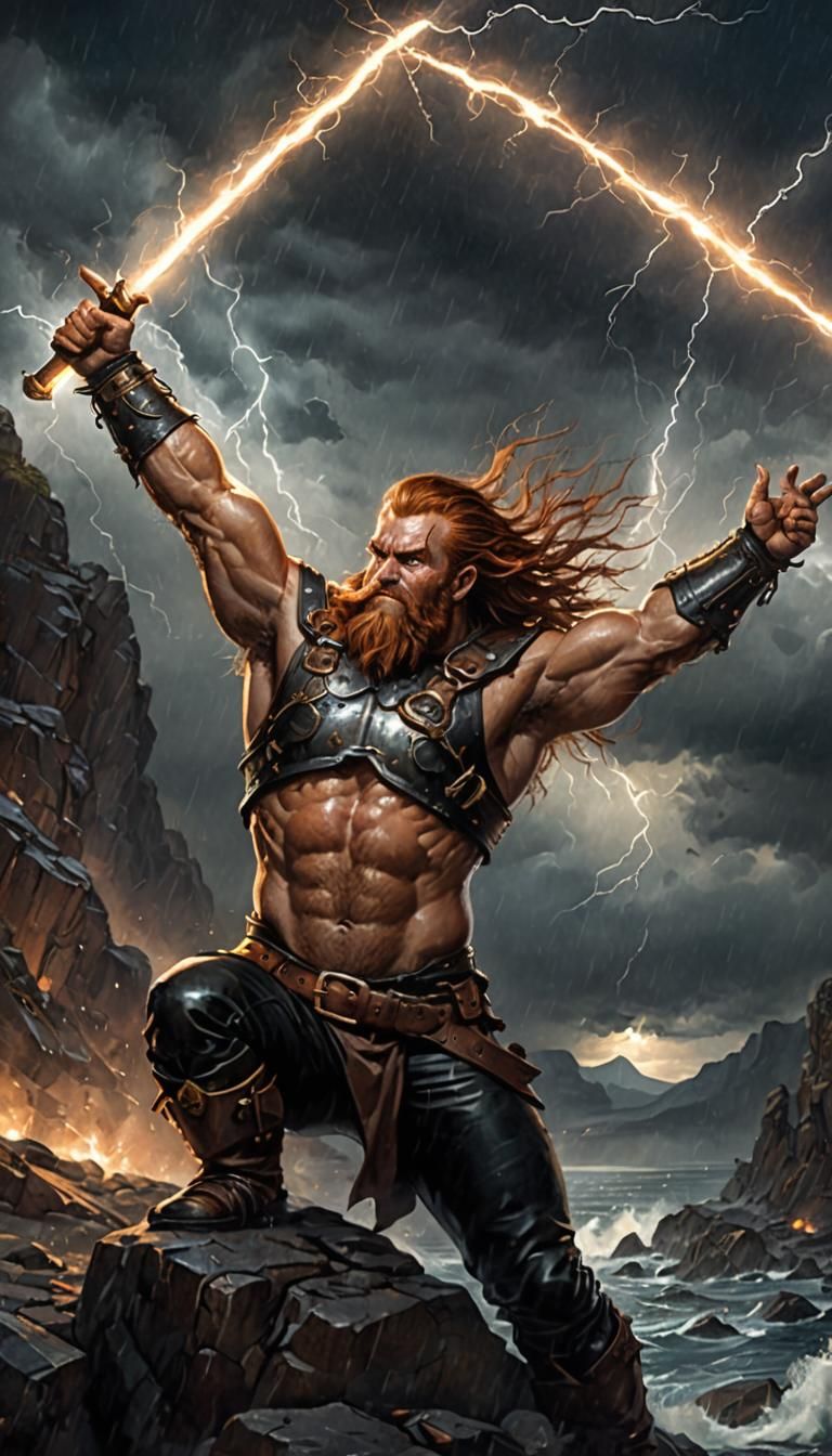 Dwarf Warrior in Lightning Storm, Dark Fantasy Art