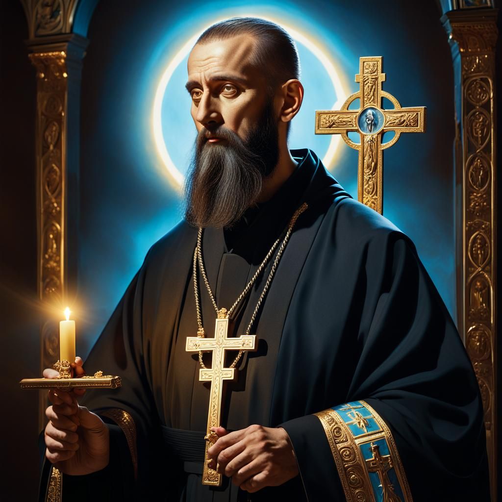 Orthodox monk facing forward, praying wearing a black robe w...