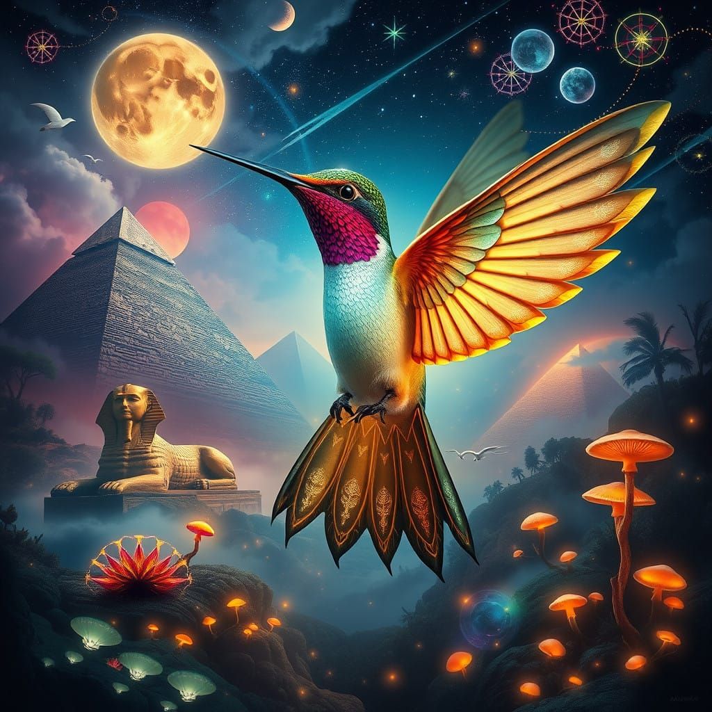 Surreal Hummingbird Poster in Magical Realism Style