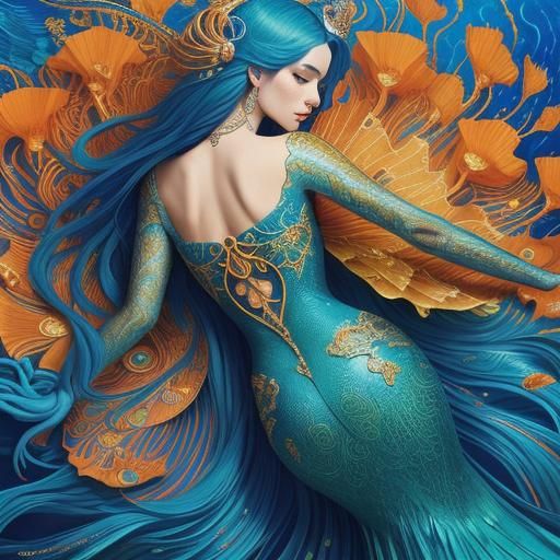 Peacock Mermaid Portrait in Abstract Expressionist Style