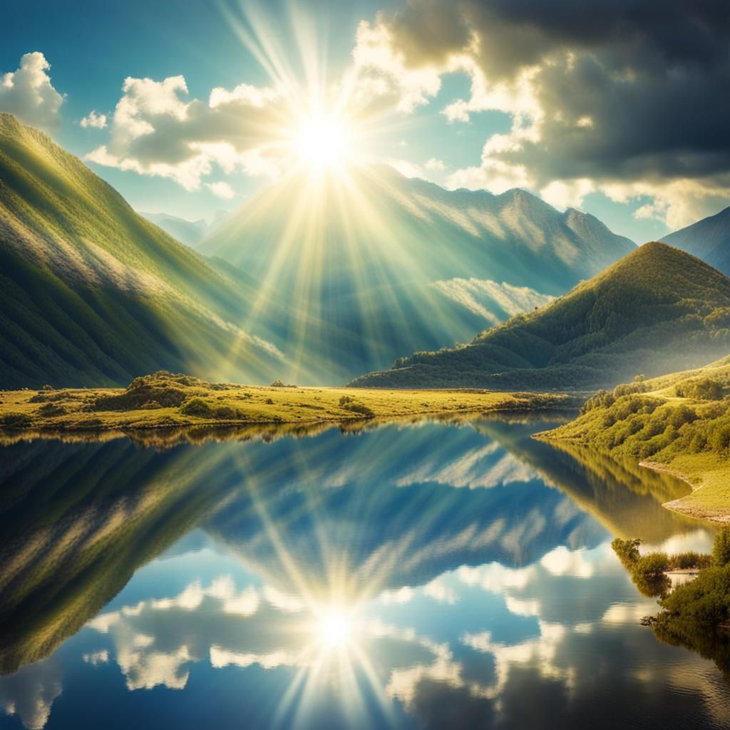 Mountain Reflection Under Heavenly Sunshine