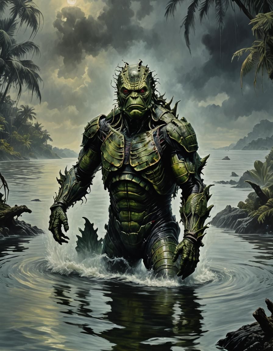 Hybrid Creature Emerges from Lagoon as Baroque Oil Painting