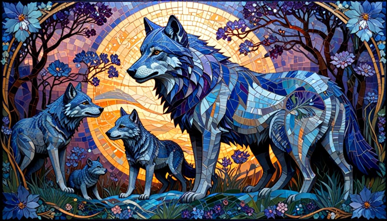 Art Deco Wolf Family Protecting Cubs in Twilight Mosaic