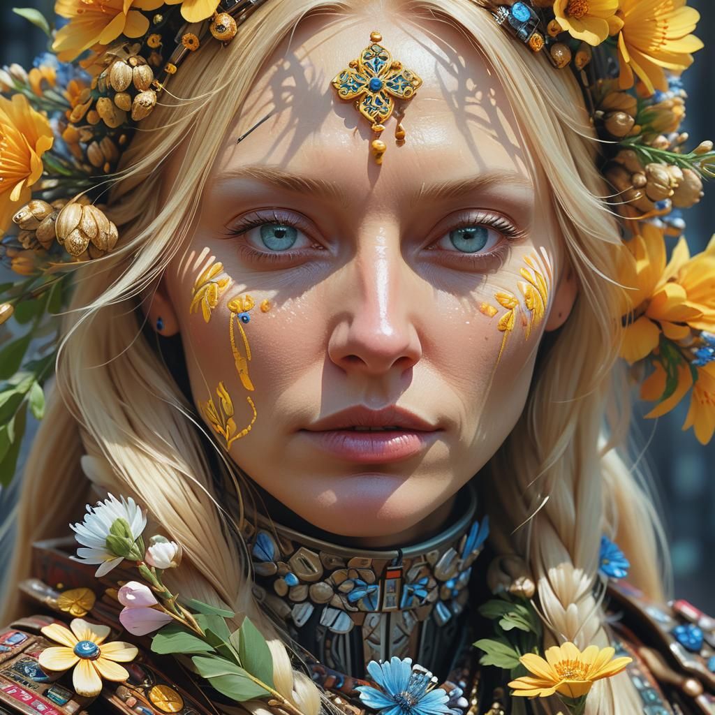 Hyperrealistic Slavic Woman with Flowers, Digital Portrait