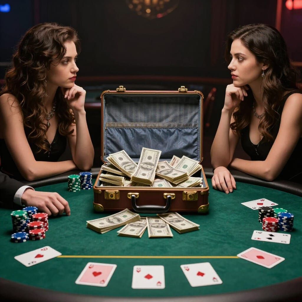 Tense Poker Game with Open Suitcase of Cash