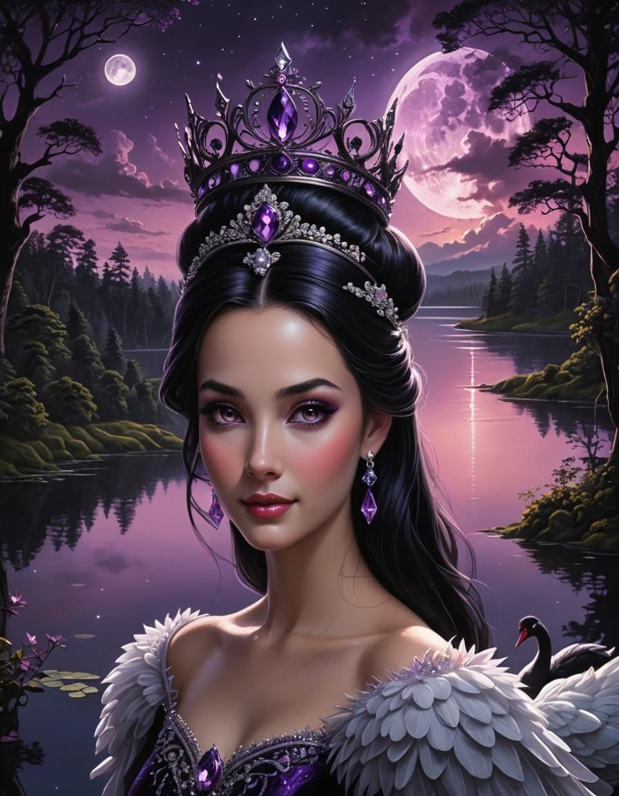 Realistic Princess with Swans in Dark Forest