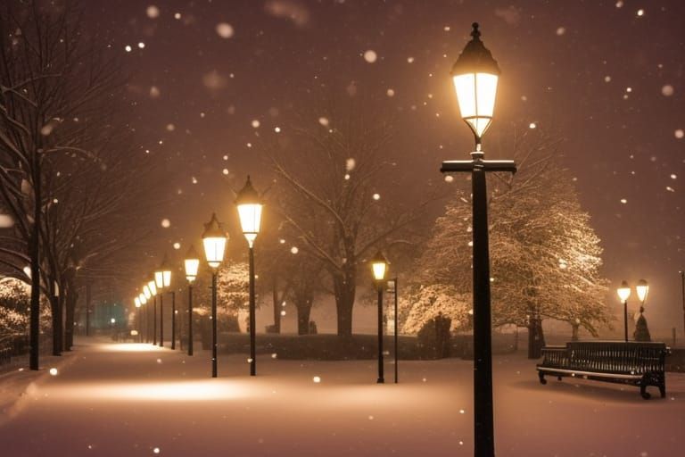 warm street lamps at snowing night