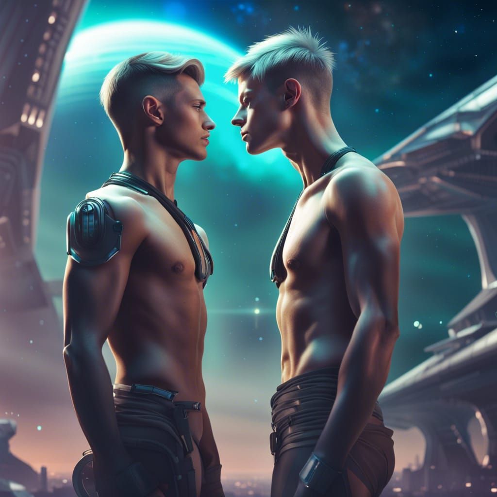 Gay Couple in Alien Cityscape with Spaceships