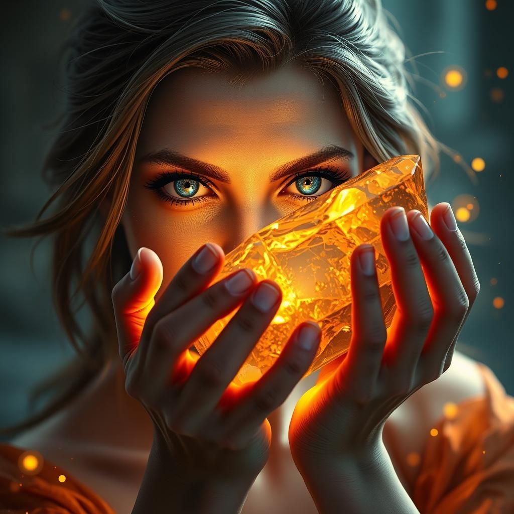 A brunette woman with blue eyes, holds an onyx crystal that ...