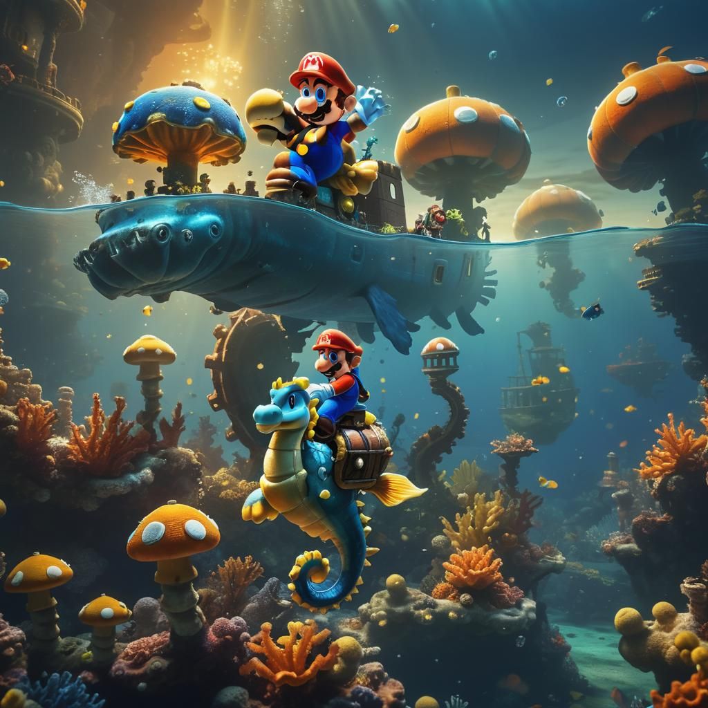 Super Mario Rides Seahorse in Sunken Kingdom