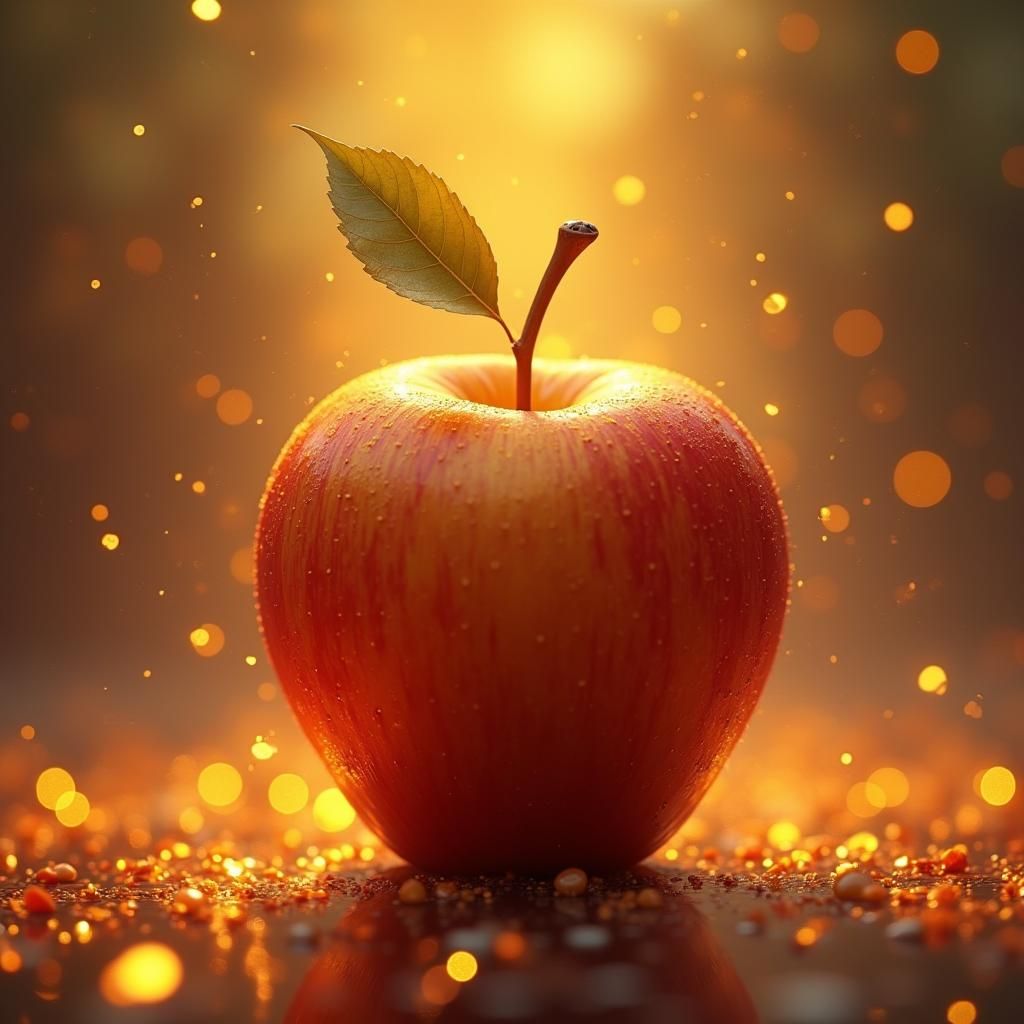 Golden Apple with Dewdrops in Enchanting Realm