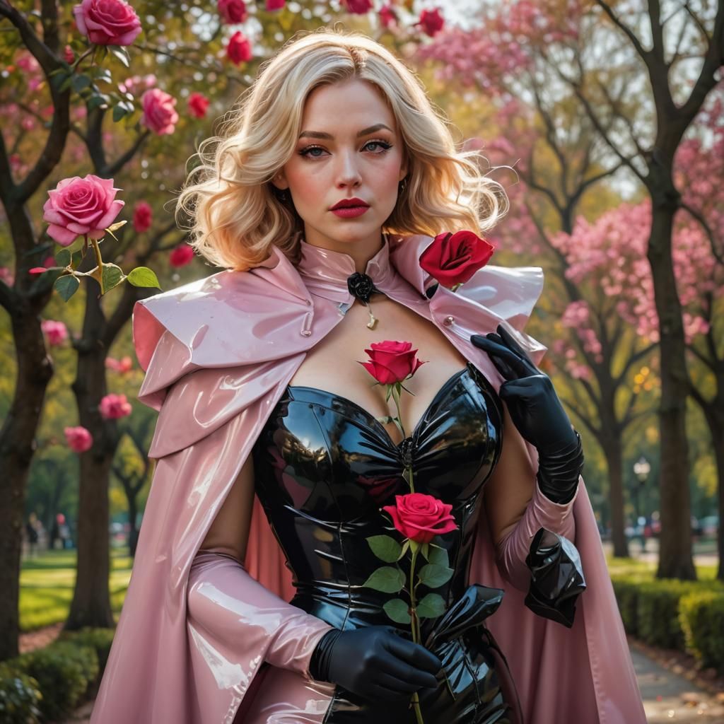 Blonde Woman in Latex Sniffs Rose, Splash Art