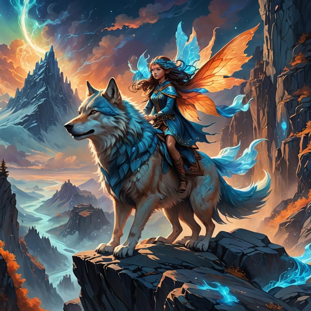 Fairy Riding Magic Wolf in Fantasy Landscape