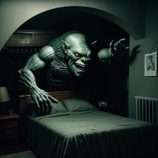 Nightmarish Troll Monster in Bedroom: Cinematic Horror