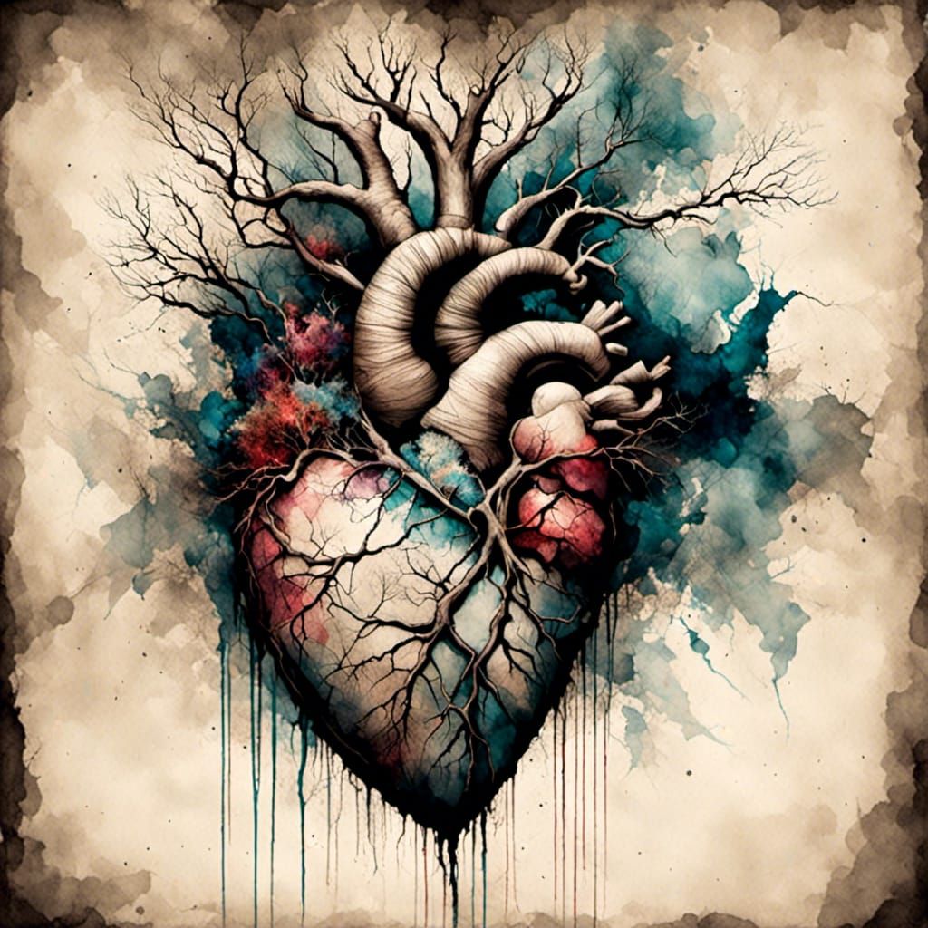 Surreal Heart Tree on Aged Paper