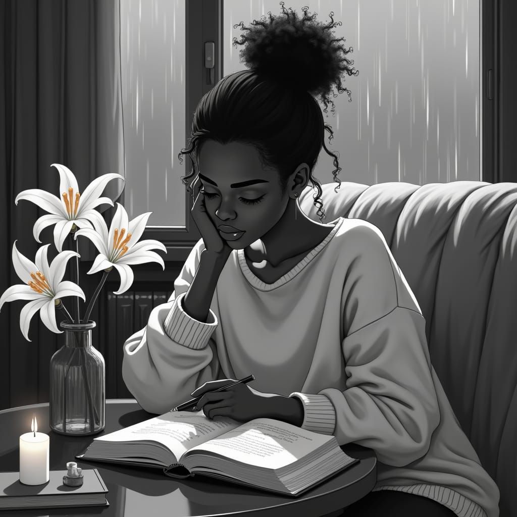 Monochrome Woman Reading Book in Anime Style