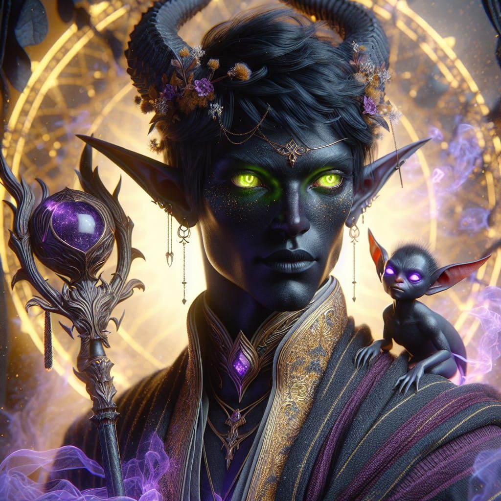 Eladrin Warlock with Imp Familiar in Art Nouveau Style