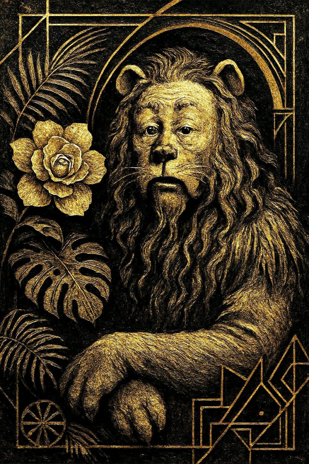 Surreal Art Deco Lion in Floral Gardenia Landscape