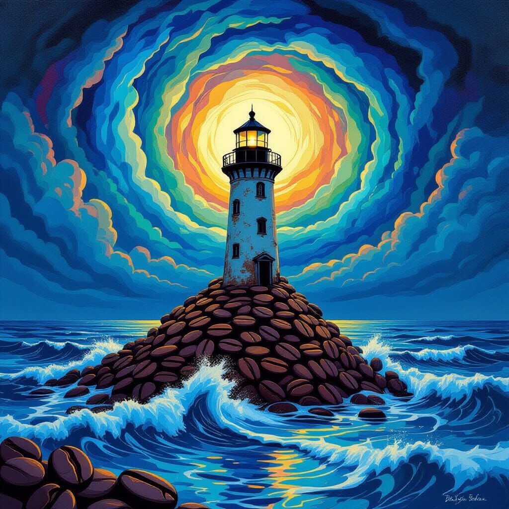 Surreal Lighthouse on Coffee Bean Island Under Swirling Skie...