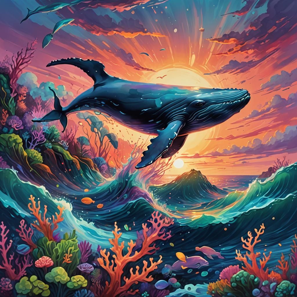 Whale Leaping from Ocean: Fantasy Art Nouveau Painting