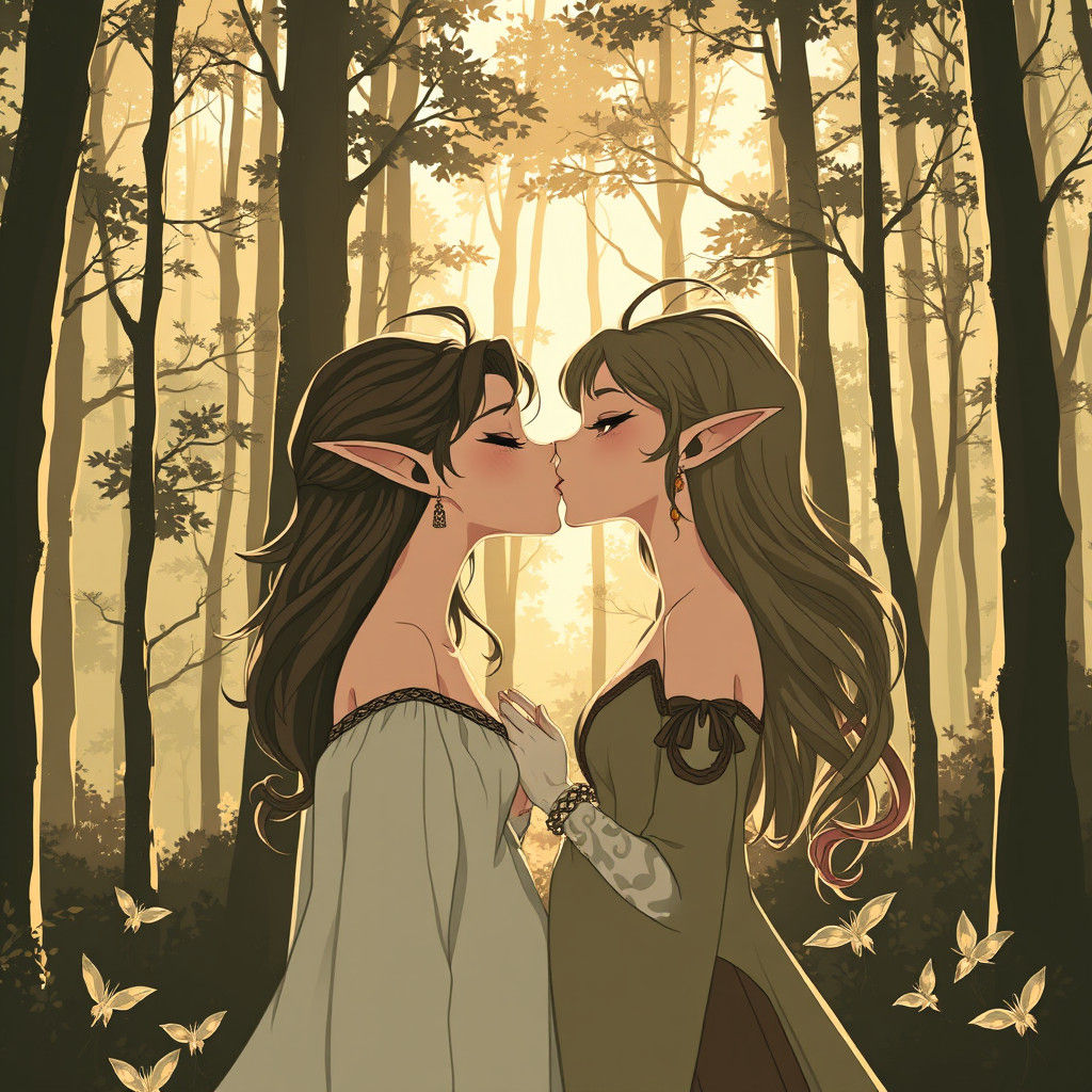 Elegant Elves Kiss in Forest, Manga Style