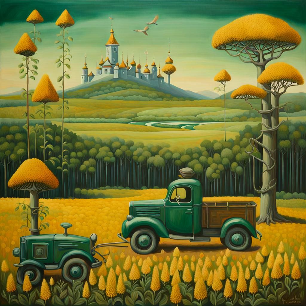 Surreal Oil Painting in Viridian, Goldenrod, and Sienna