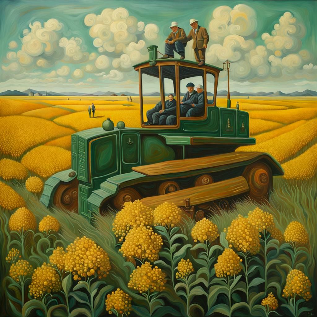 Surreal Oil Painting in Viridian, Goldenrod, and Sienna