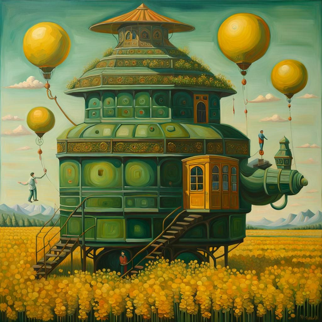 Surreal Oil Painting in Viridian, Goldenrod, and Sienna