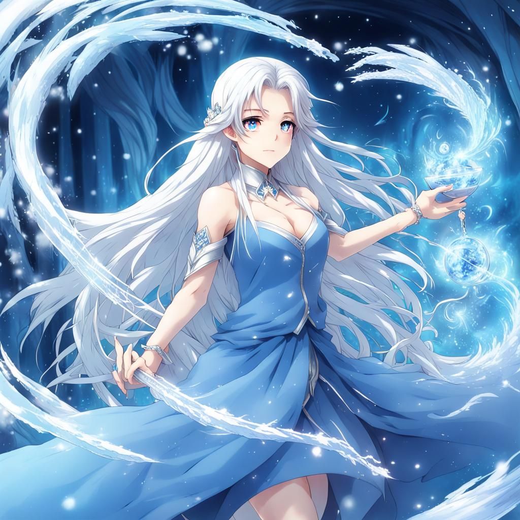 Anime Ice God with Silver Hair and Magic
