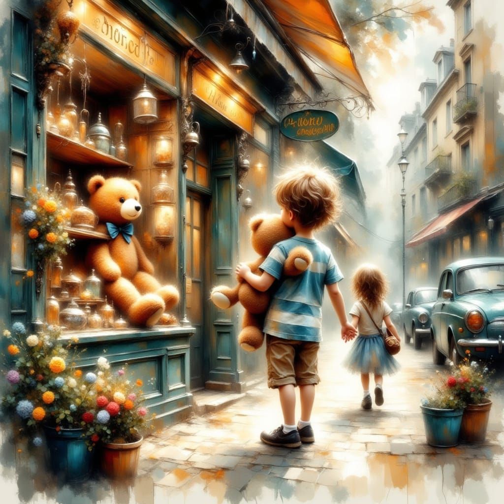 Impressionist Painting of Boy with Teddy Bear
