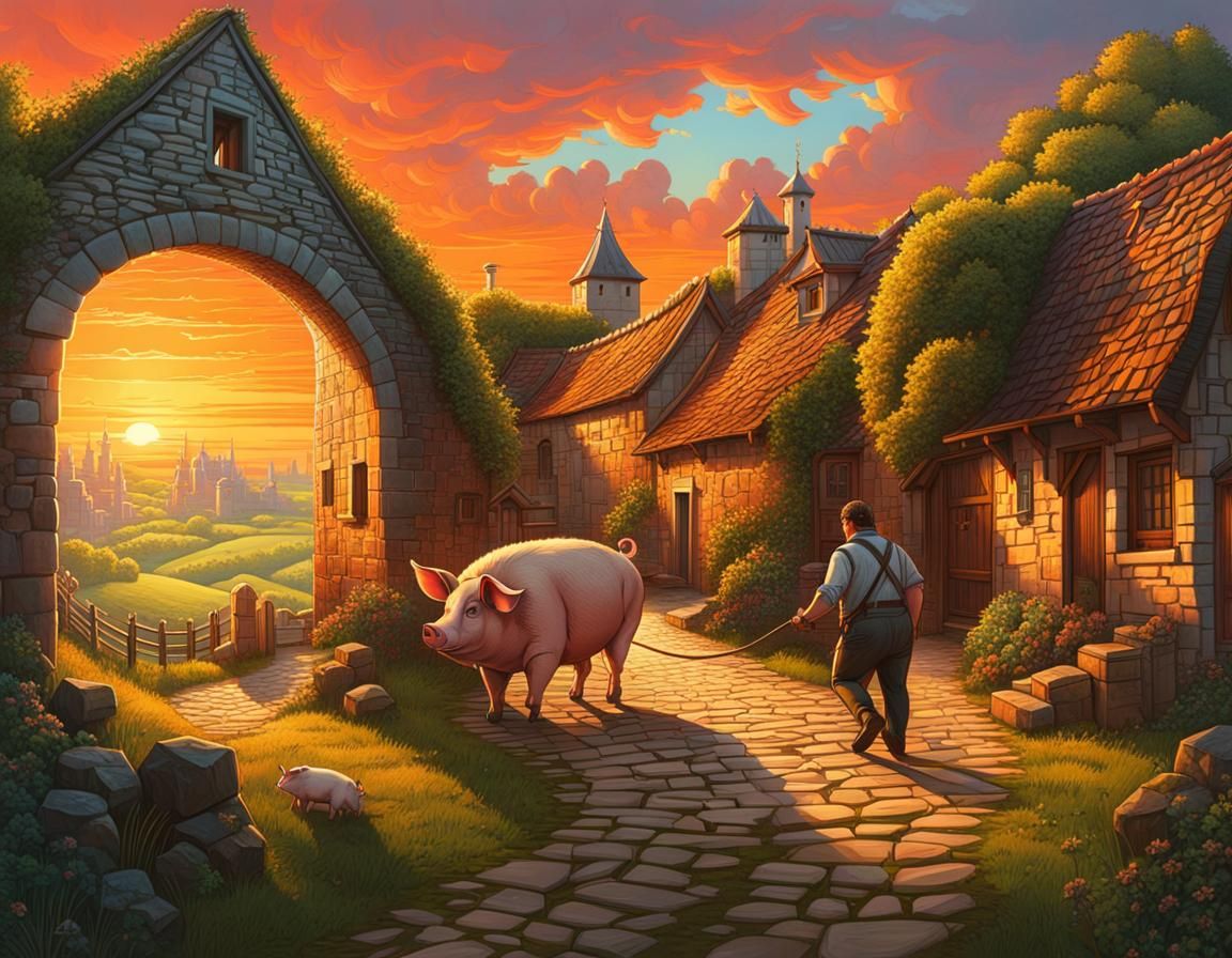 Futuristic Village: Man Pulls Pig to Slaughterhouse