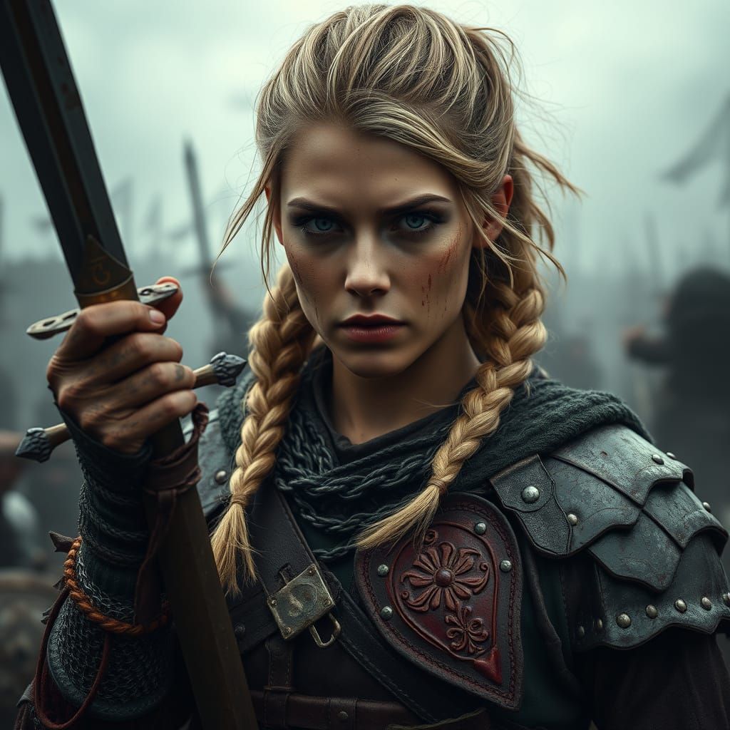 Medieval Warrior's Intense Gaze in Battle